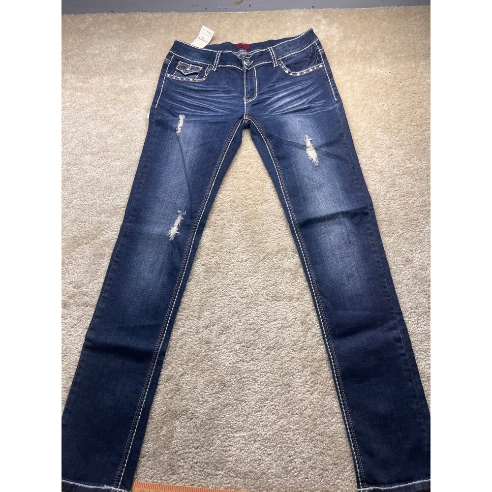 Lamasini Women Dark Wash Skinny Jeans Rhinestone Thick Stitch Distressed Size 11